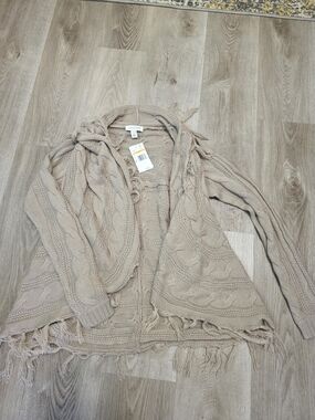 Vintage America Beige Cable Knit Fringe Open Cardigan